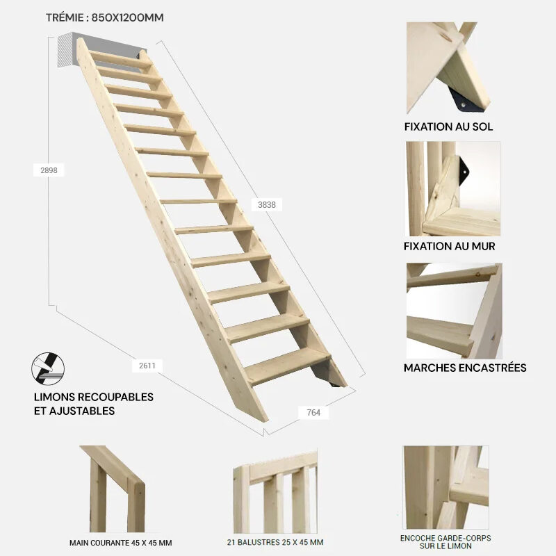Dimensions et fixation escalier droit bois ABIES - Kordo