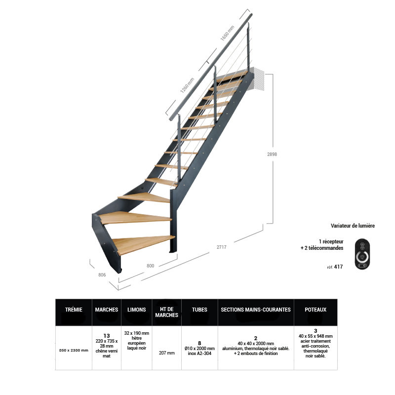 Dimensions escalier noir quart tournant droite SPARK - Kordo