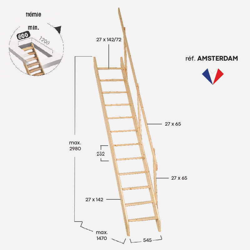 Dimensions echelle meunier rampe bois AMSTERDAM - Kordo