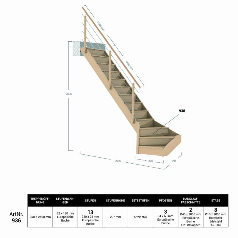 Dimensions escalier quart tournant gauche NOVAH - Kordo